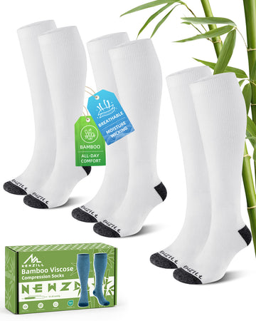 NEWZILL Bamboo Viscose Compression Socks for Women & Men 15-20 mmHg 3 Pairs White