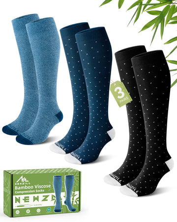 NEWZILL Bamboo Viscose Compression Socks for Women & Men 15-20 mmHg 3 Pairs Navy/Bluepolka/Blackpolka
