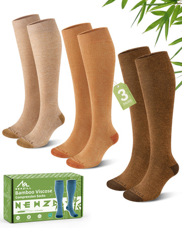 NEWZILL Bamboo Viscose Compression Socks for Women & Men 15-20 mmHg 3 Pairs Earth Tones
