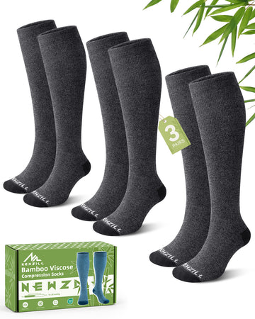 NEWZILL Bamboo Viscose Compression Socks for Women & Men 15-20 mmHg 3 Pairs Gray