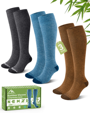 NEWZILL Bamboo Viscose Compression Socks for Women & Men 15-20 mmHg 3 Pairs Gray/Navy/Brown