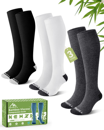 NEWZILL Bamboo Viscose Compression Socks for Women & Men 15-20 mmHg 3 Pairs Black/White/Gray