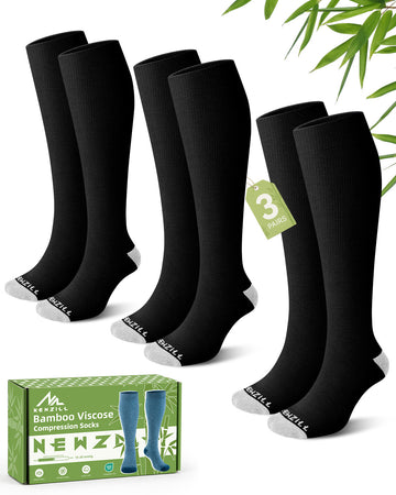 NEWZILL Bamboo Viscose Compression Socks for Women & Men 15-20 mmHg 3 Pairs Black