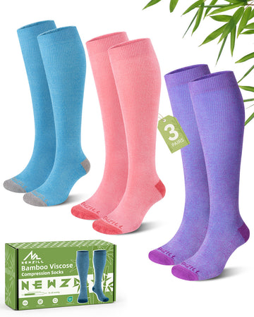NEWZILL Bamboo Viscose Compression Socks for Women & Men 15-20 mmHg 3 Pairs Blue/Pink/Purple