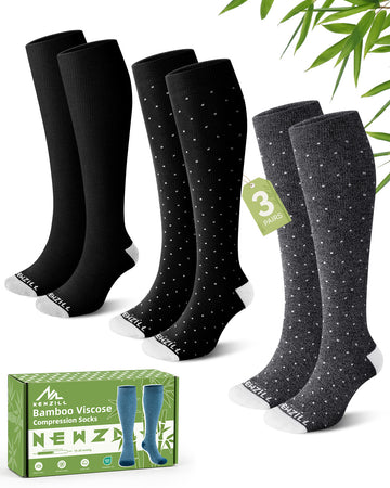 NEWZILL Bamboo Viscose Compression Socks for Women & Men 15-20 mmHg 3 Pairs Black/Bluepolka/Garypolka