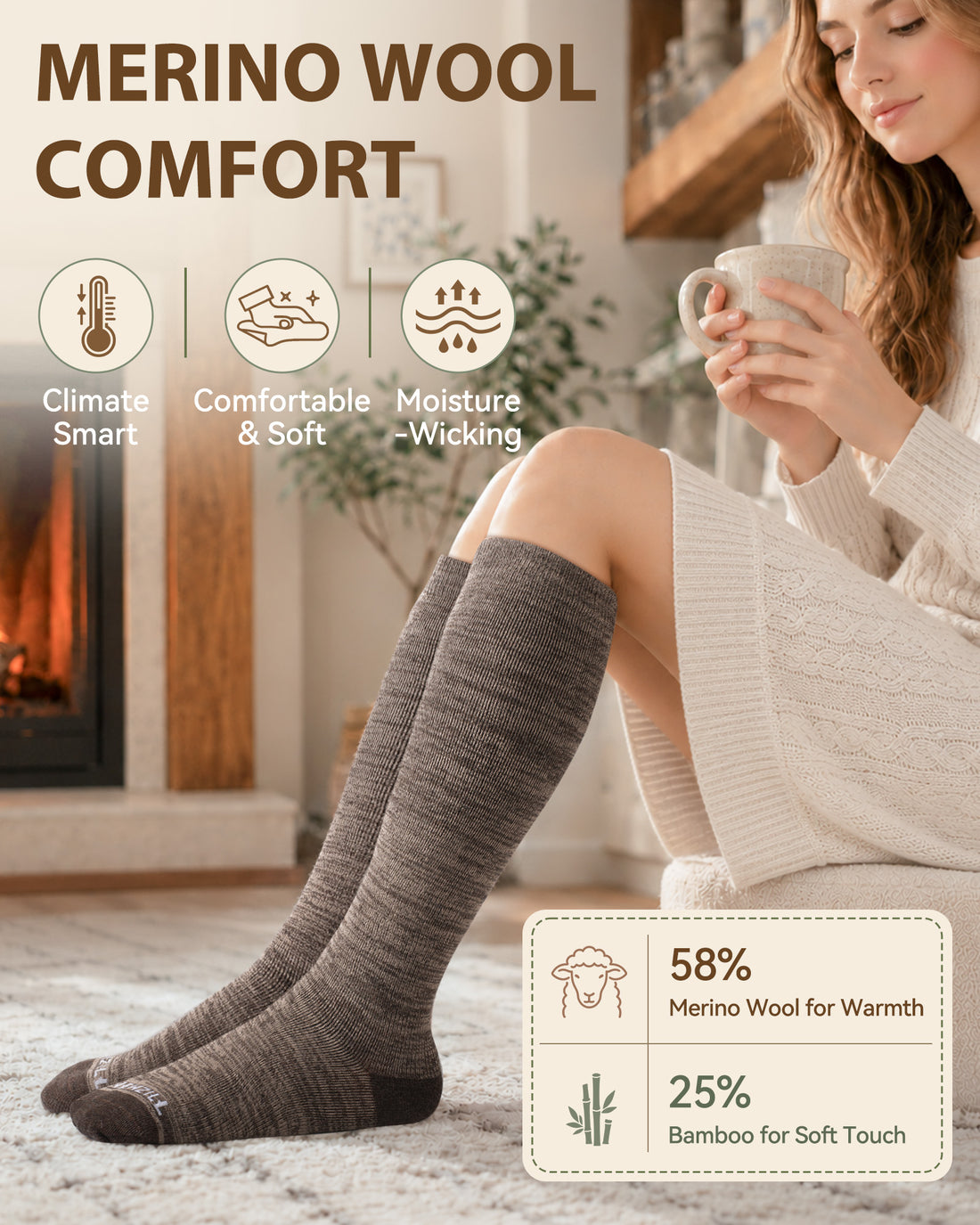 NEWZILL Merino Wool Compression Socks for Women & Men 15-20 mmHg (2 Pairs) Black Gray