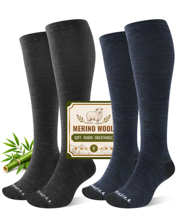 NEWZILL Merino Wool Compression Socks for Women & Men 15-20 mmHg (2 Pairs) Black Navy