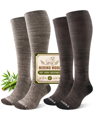 NEWZILL Merino Wool Compression Socks for Women & Men 15-20 mmHg (2 Pairs) Coffee