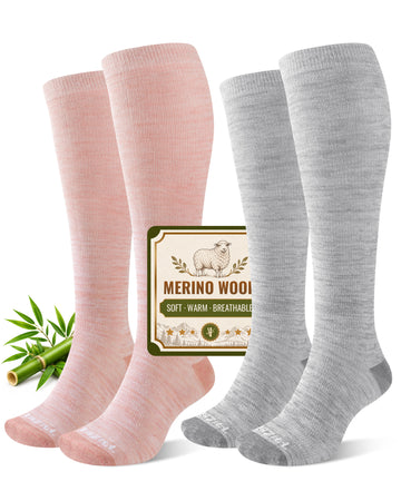 NEWZILL Merino Wool Compression Socks for Women & Men 15-20 mmHg (2 Pairs) Gray Pink