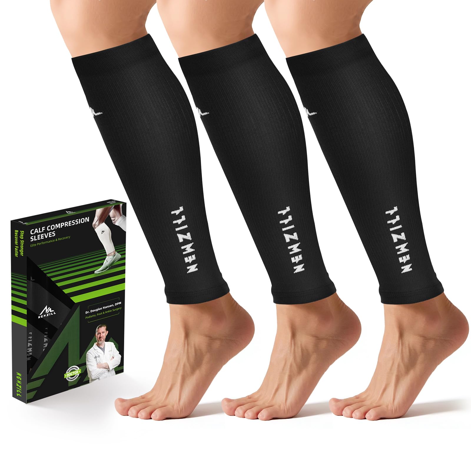 Calf Sleeves (20-30mmHg) - [3-pairs] Solid Black