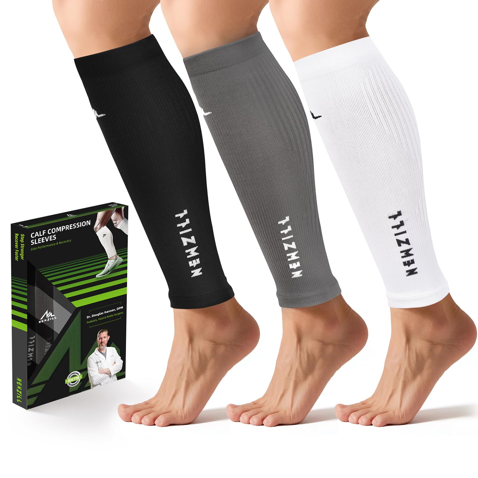 Calf Sleeves (20-30mmHg) - [3-pairs] Black/White/Gray