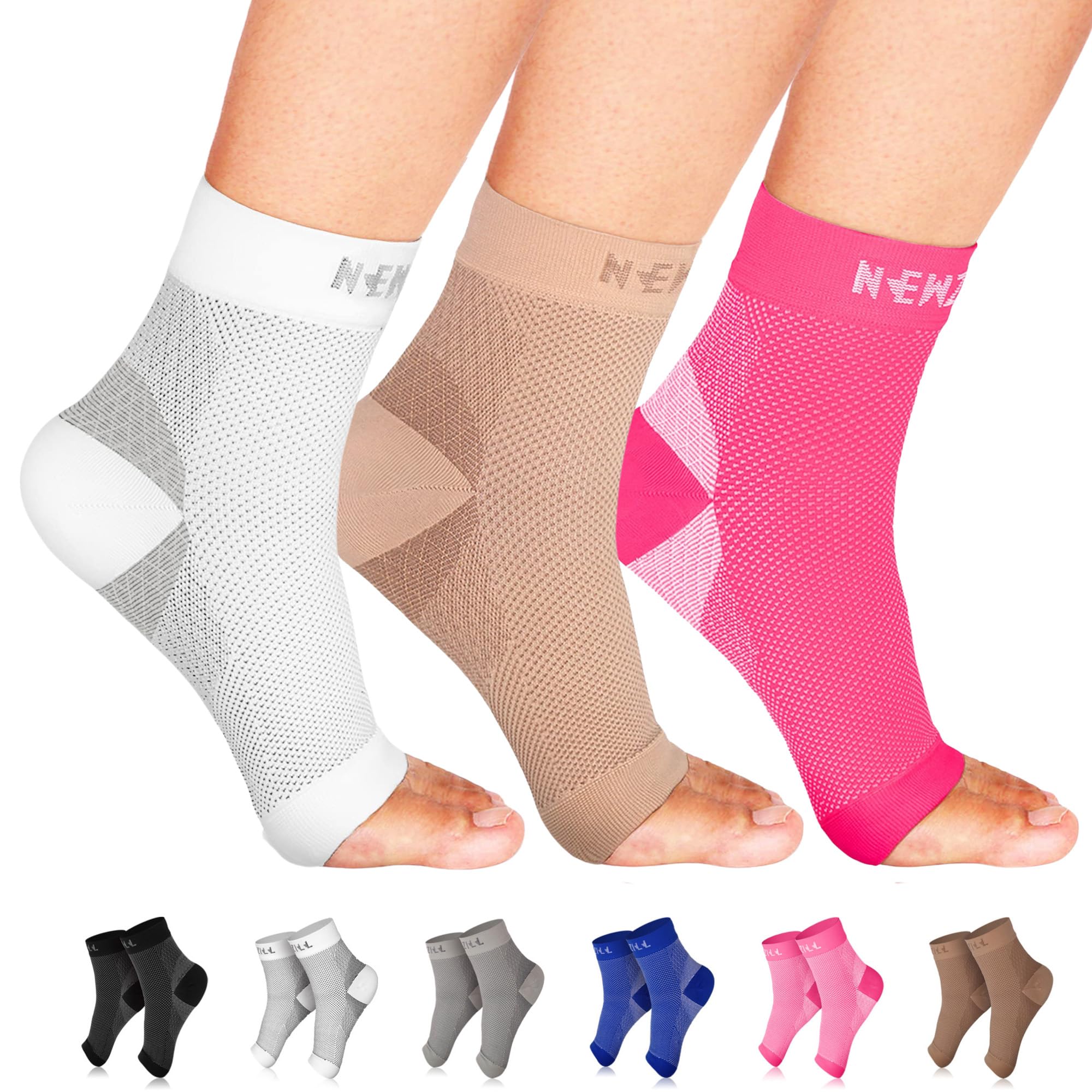 Ankle Compression Socks for Plantar Fasciitis (20-30mmHg) - [3-pairs] White/Beige/Pink