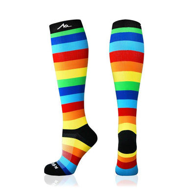 Newzill knee-high swag compression socks white with rainbow stripes pride